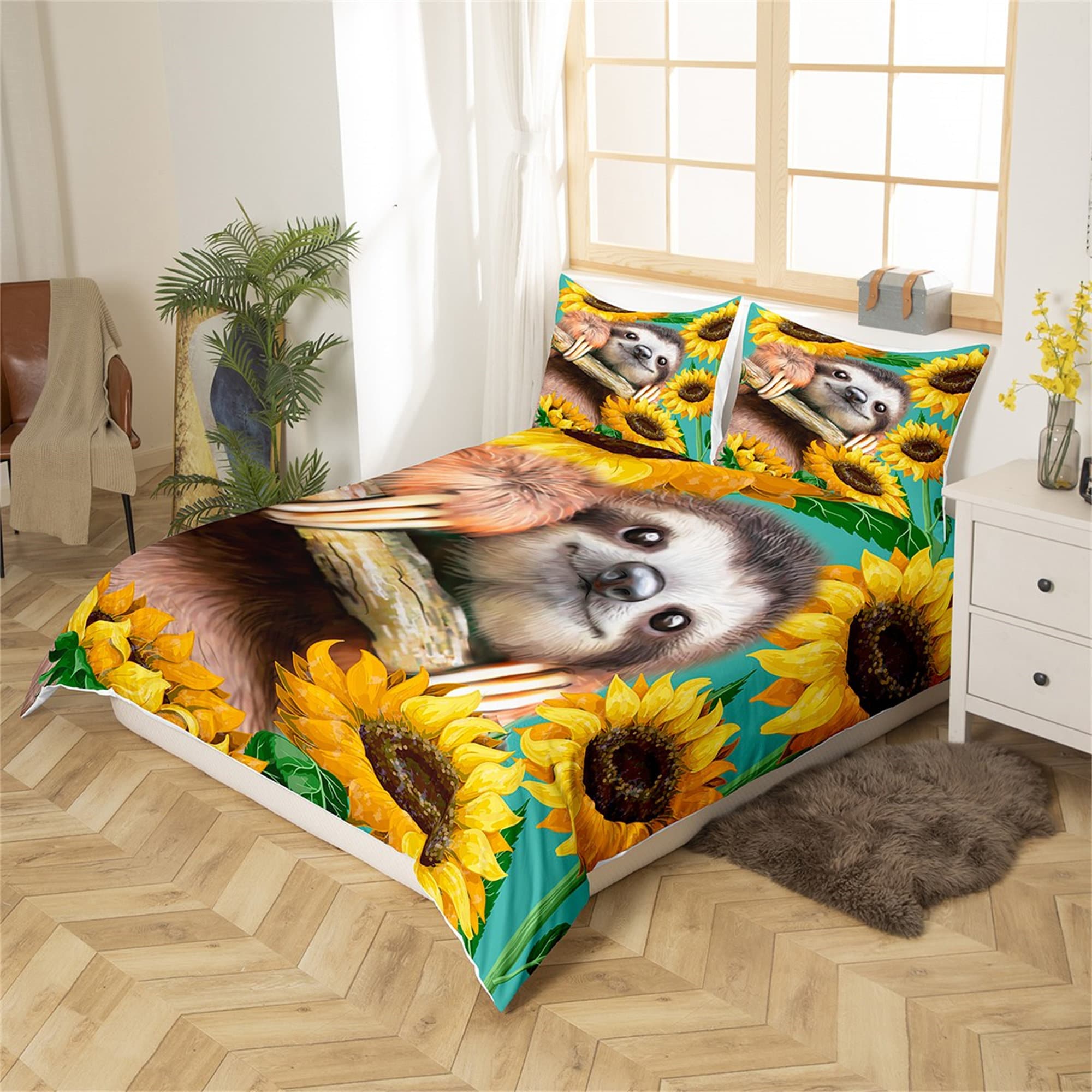 Cute Sloth Duvet Cover Rustic Yellow Sunflower Plant Bedding Set