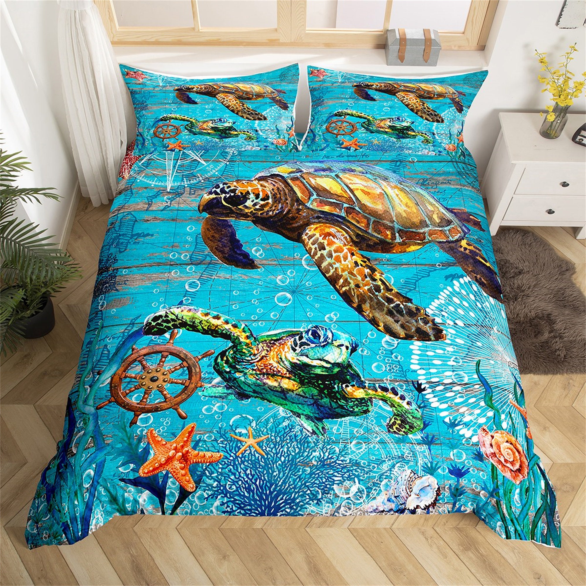 Sea Turtle Handmade Duvet Cover Ocean Animal Starfish Etsy