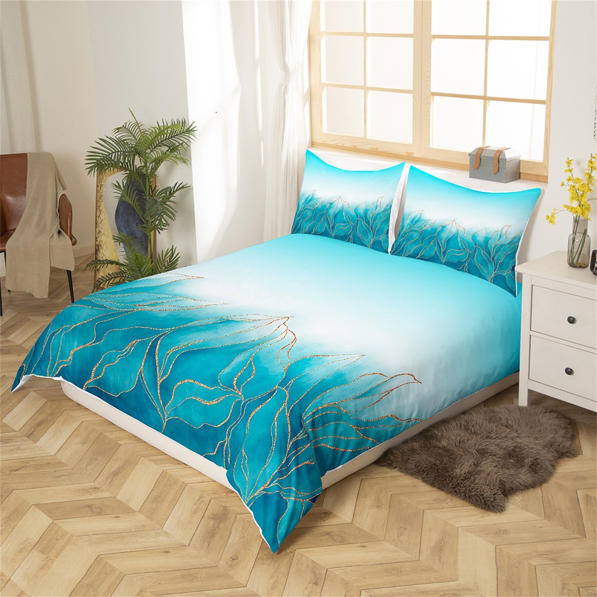 Blue Tie Dye Handmade Duvet Cover Watercolor Gradient Leaves Etsy