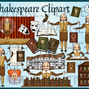 Shakespeare Clipart - 50 png illustrations (Includes Outlined, Original and Black and White versions of each clip art image)