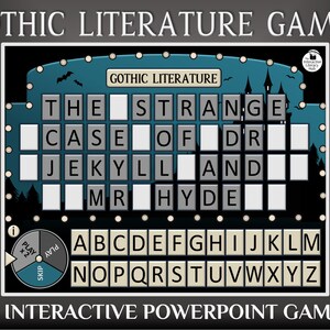 Puede incluir: Un juego interactivo de PowerPoint azul y blanco para la literatura gótica. El juego presenta un rompecabezas de búsqueda de palabras con el título "El extraño caso del Dr. Jekyll y Mr. Hyde".