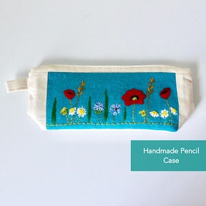 Handmade embroidered poppy pencil case