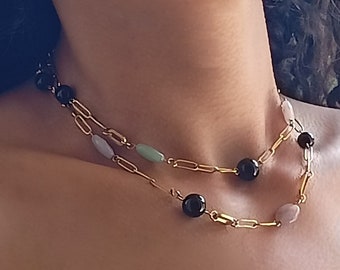 long gold plated necklace with onyx and amethyst stone, unique jewel, contemporary jewellery, necklace with stones, gold necklace, gift