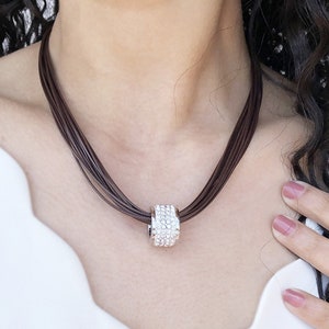Multi-strand crystal pendant necklace, steel crystal necklace, gift for her, steel necklace, multilayer necklace for women