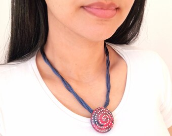 Blue satin thread necklace with pink and blue polymer clay pendant and white crystals - Handmade - Gift for her - Unique piece