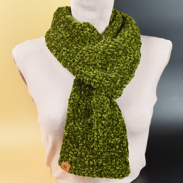 Handgemaakte gehaakte sjaal met fluwelen draad, wintersjaal, geruite sjaal, warme sjaal, groene sjaal, handgemaakte sjaal