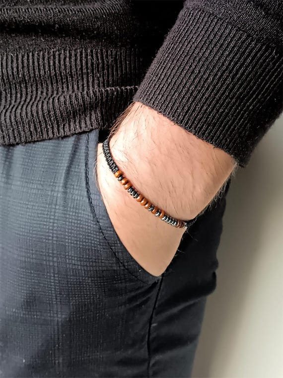 Love You Morse Code Bracelet With Wood Beads and Hematite Stone: A - Main Image