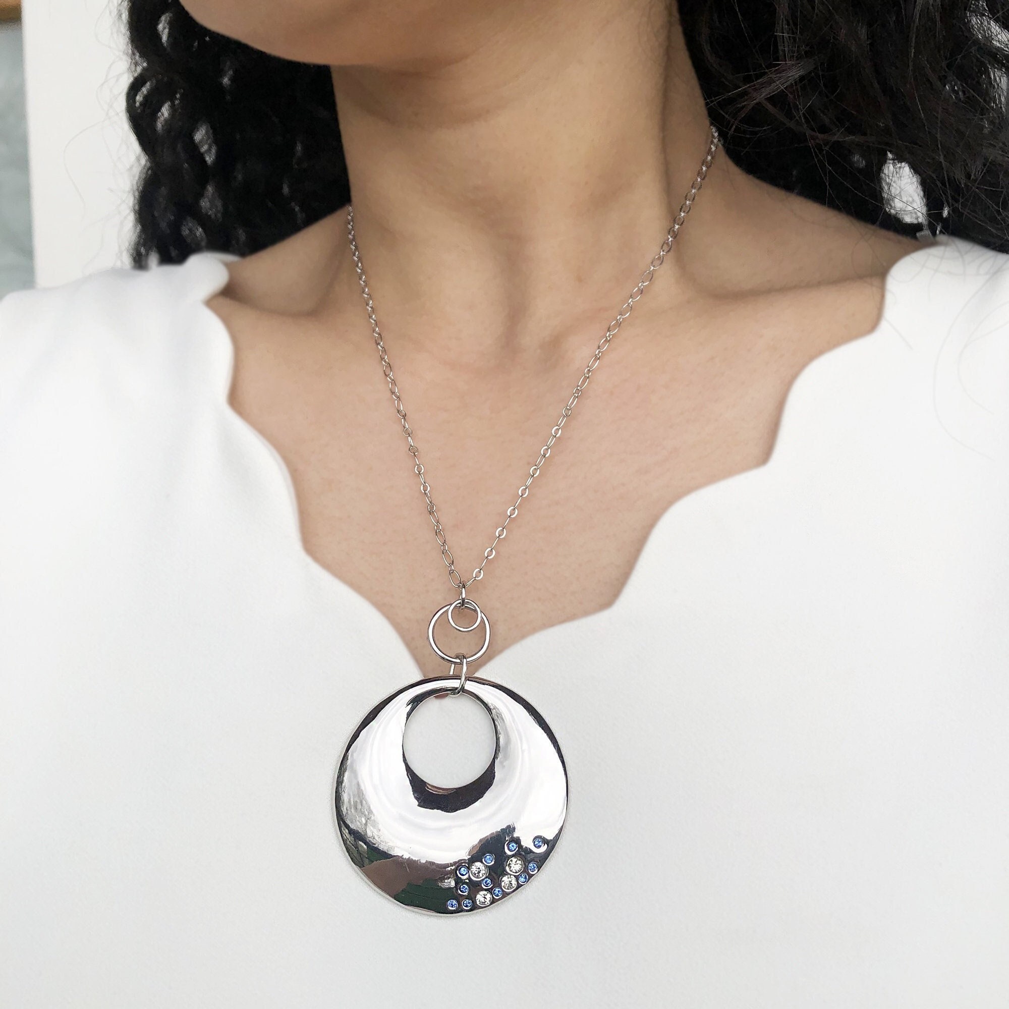 Necklace with mirror finish and crystals, elegant necklace, women's necklace, white blue crystals, ceremony necklace, gift for her