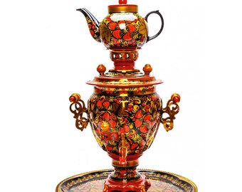 Bouilloire électrique Samovar rouge Khokhloma avec théière et plateau