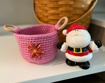 Handcrafted Wool Basket with Macrame Hoops & Vintage Brooch