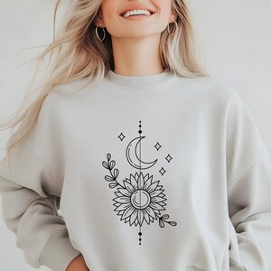 Himmlisches Sweatshirt, mystischer Mond Hoodie, Boho Sonne und Mond Pullover, Mondphase Outfit, spirituelle weibliche Kleidung, weibliche Mond Geschenke