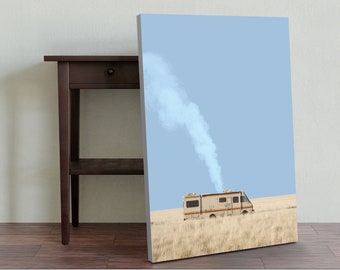 May include: A white RV with orange stripes drives through a field of dry grass under a blue sky with a white smoke trail behind it.