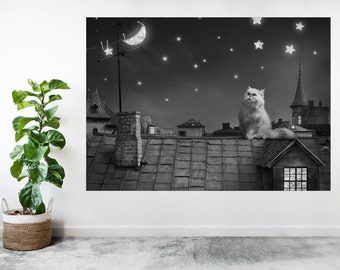 Persian Cat on Rooftop Moon Stars Black and White Large Poster Art Print Gift A0 A1 A2 A3 A4 A5
