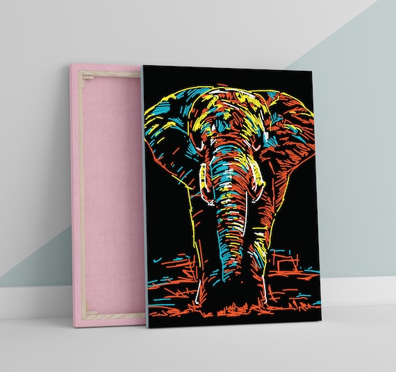 Colourful Elephant Drawing Large Large CANVAS Art Print Gift A0 A1