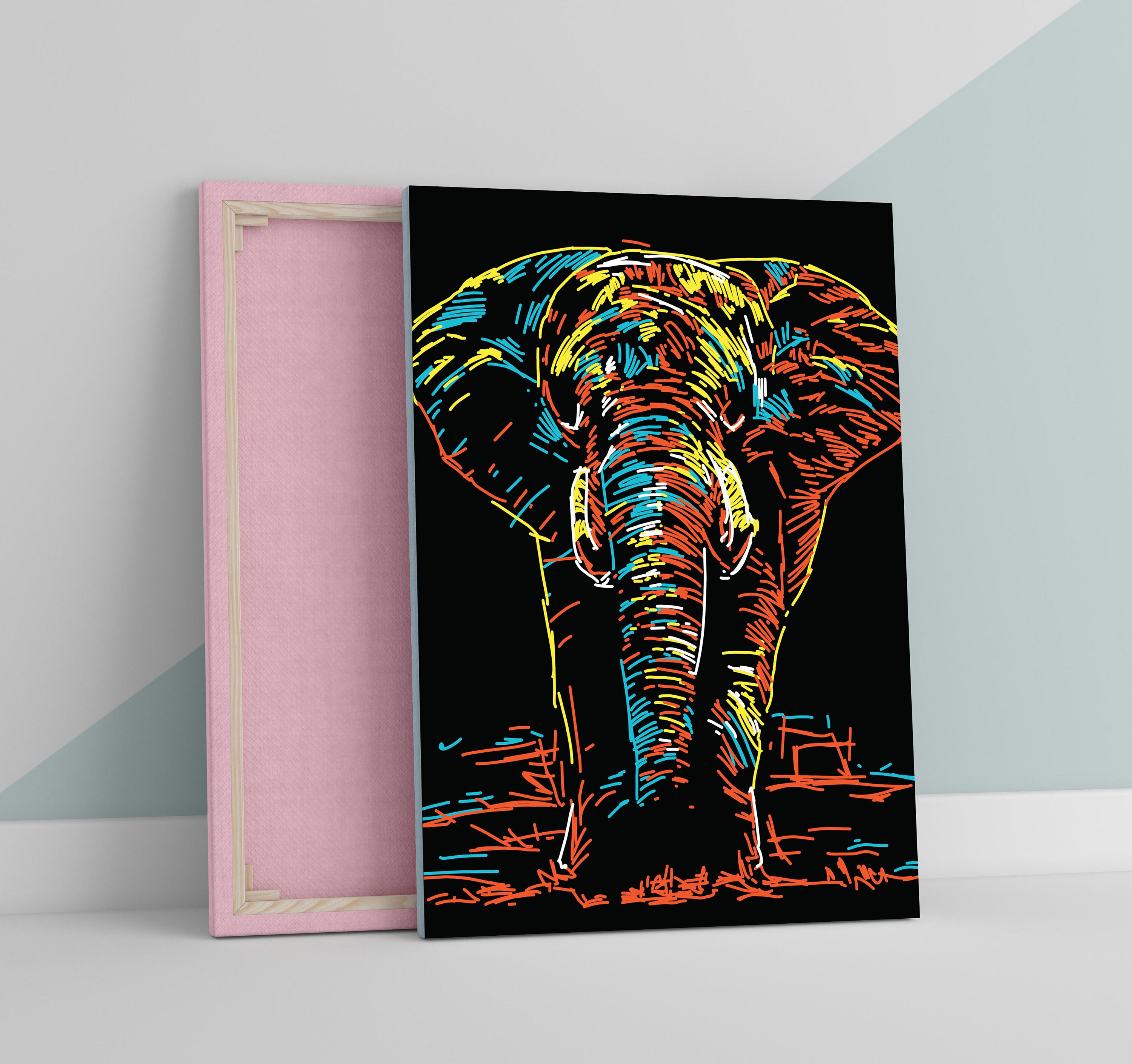 Colourful Elephant Drawing Large Large CANVAS Art Print Gift A0 A1