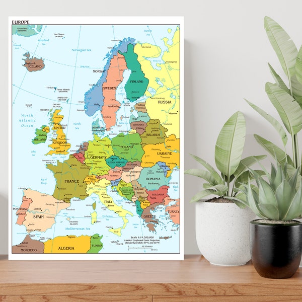 Kaart van Europa EU Grote Poster Art Gift - A1 GELAMINEERDE PRINT