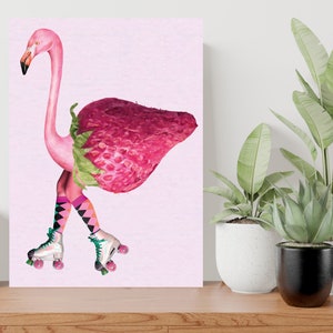 Pink Strawberry Flamingo Large Poster Art Print Gift - A1 LAMINATED PRINT