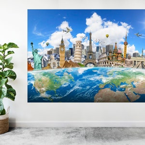 Weltkarte der berühmten Sehenswürdigkeiten Großes Poster Kunstdruck Geschenk - A1 LAMINIERTER DRUCK