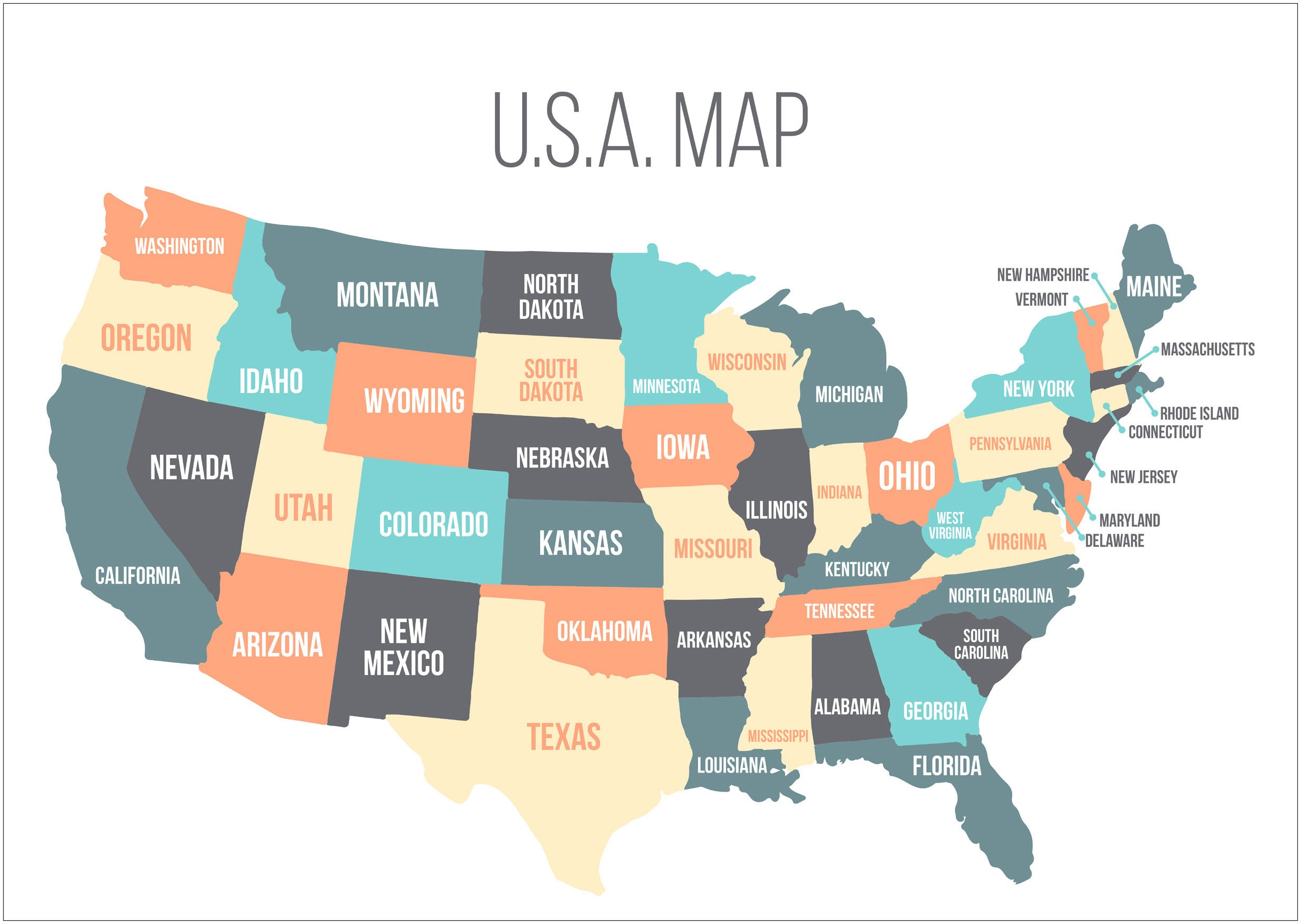 Map of the USA States Large Poster Art Print Gift A0 A1 A2 A3 A4