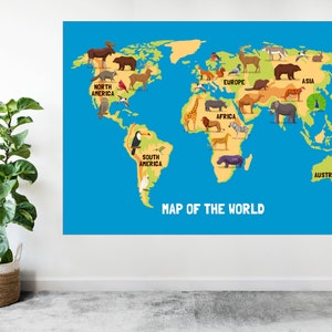 Carte du monde simple pour enfants, grands animaux mignons, grand cadeau d'art - impression plastifiée A1