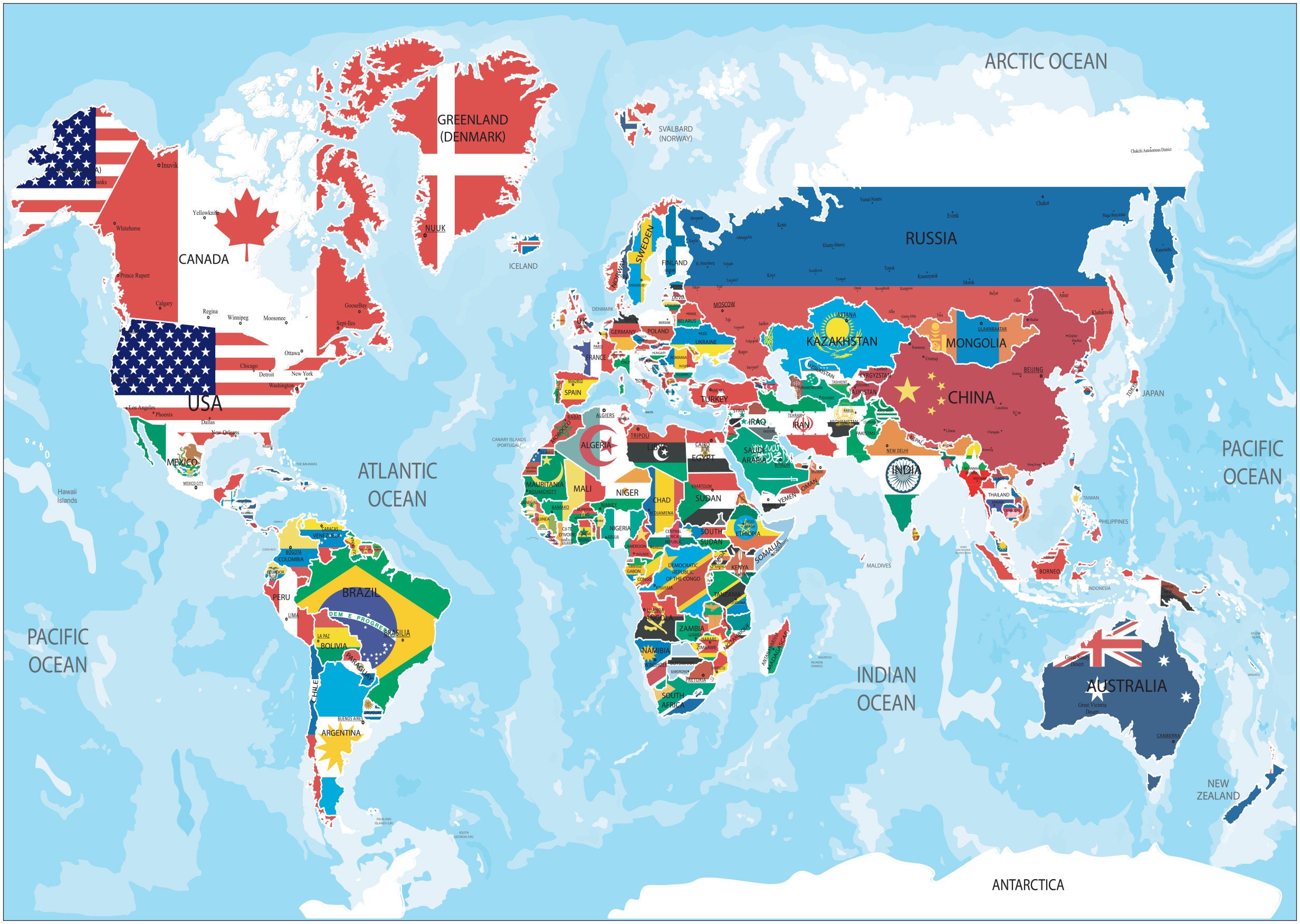 World Map National Country Flags Large Poster Art Gift - A1