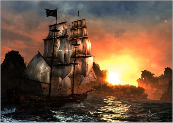 Pirate Ship Galleon Sea Sunset Large CANVAS Art Print Gift A0 A1