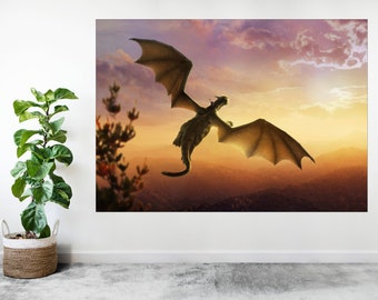 Fantasy Dragon Flying Sunset Large Poster Art Print Custom Gift A0 A1 A2 A3 A4 A5