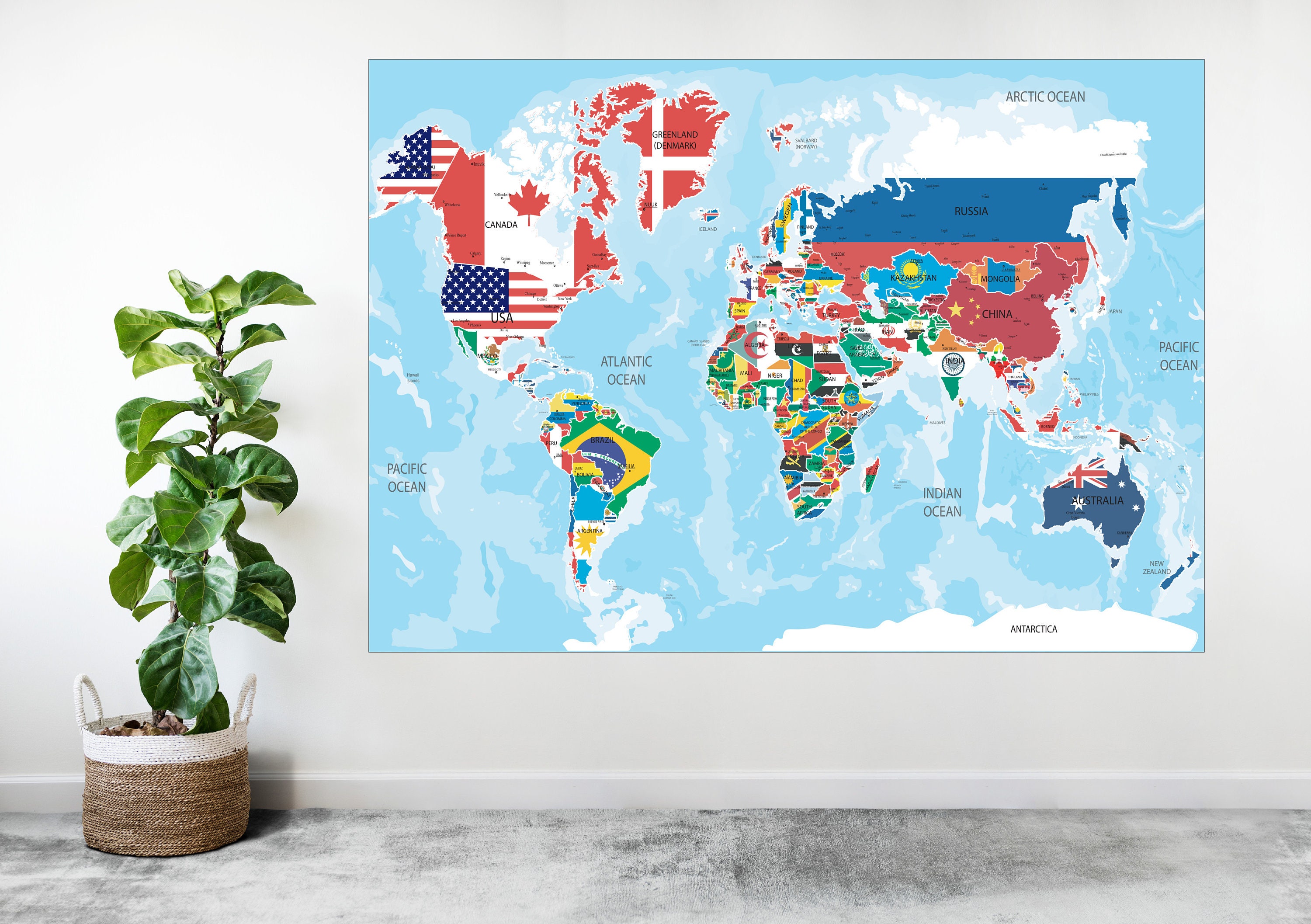 World Map National Country Flags Large Poster Art Gift - A1