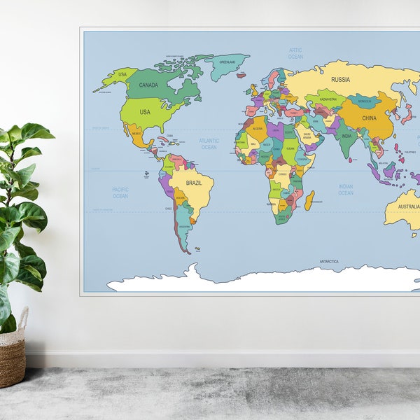 Simple World Map Atlas Large Poster Art Print Custom Gift A0 A1 A2 A3 A4 A5