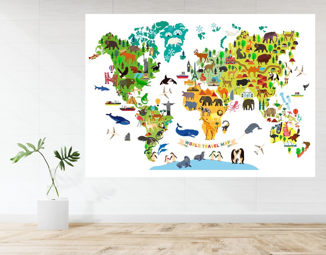 World Map Atlas Animals for Kids Large Poster Art Print Gift A0 A1 A2 ...