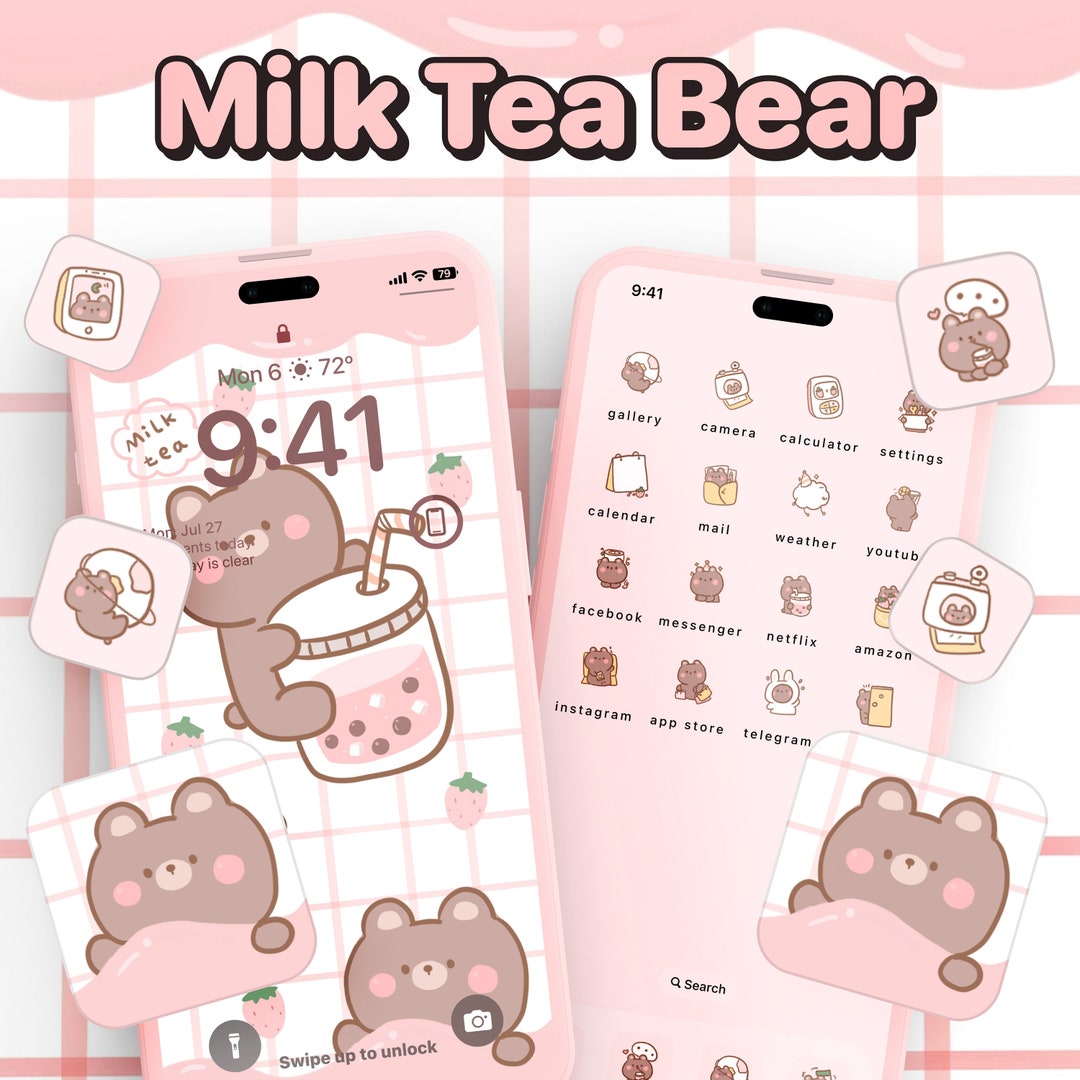 45 Pink Cute Milk Tea Bear App Icons App Icons iPhone Theme - Etsy