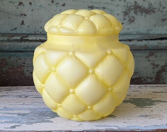 Vintage Yellow Tufted Glass Jar: Quilted Frosted Biscuit Jar