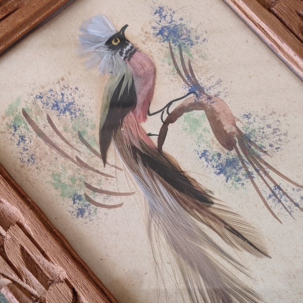 1940s - 1950s Feathercraft Painting One-Of-A-Kind Small Mixed Media Vintage Hand-Carved Cedar Frame !! Amazing Vintage Gifts & Collectibles