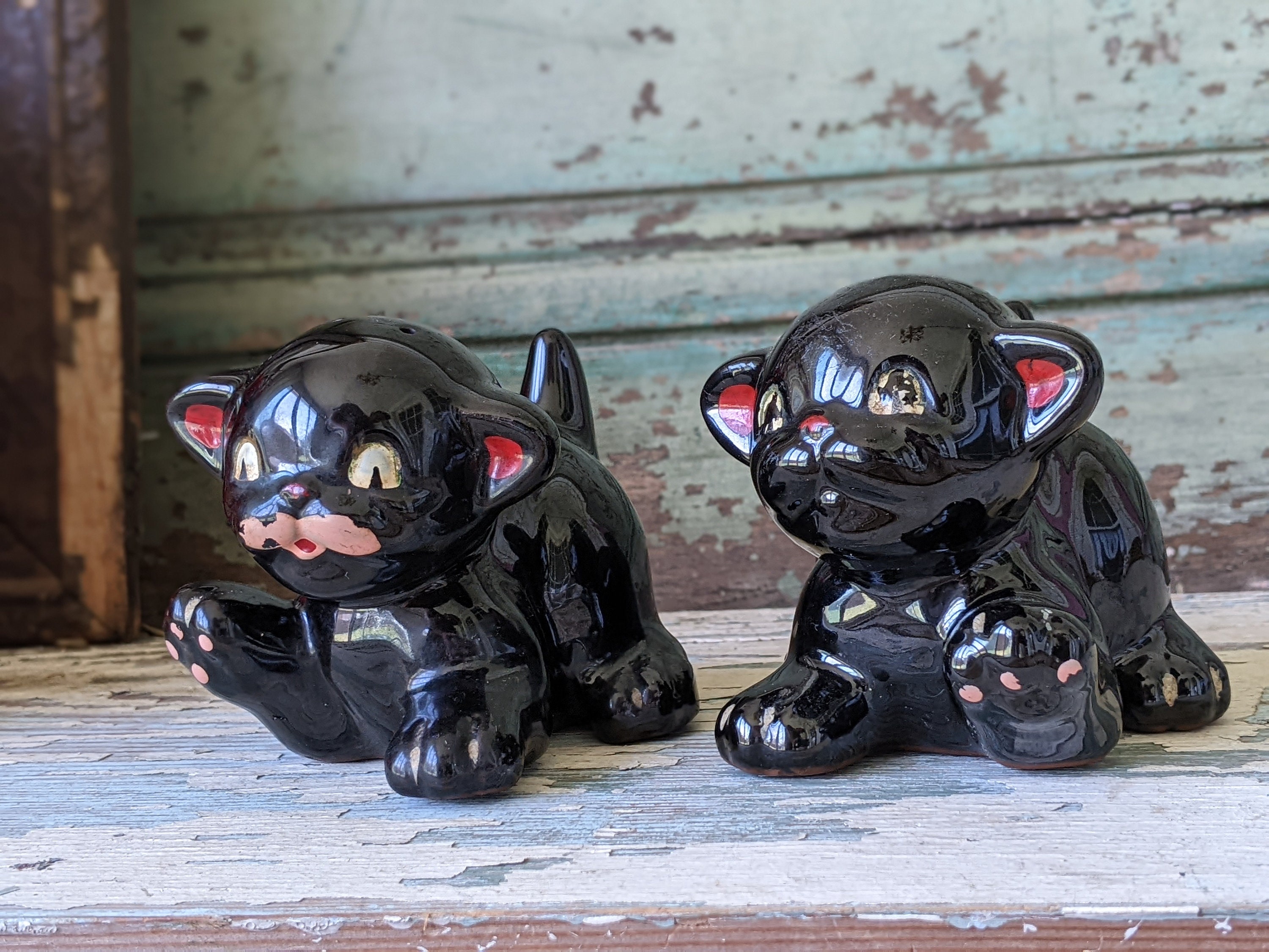 1950s Relco Rare Playful Black Cat Salt & Pepper Shakers