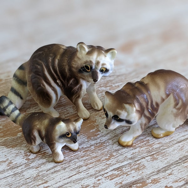 1960s Bone China Raccoons Hand Painted Trio Complete Set of 3 Made in Japan !! Adorable Vintage Gifts !!