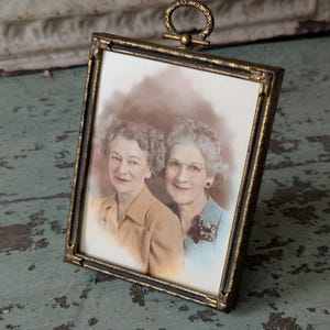 1930s Hand-Tinted Photo Frame: Velvet Easel Back, Rose Gold Gilding