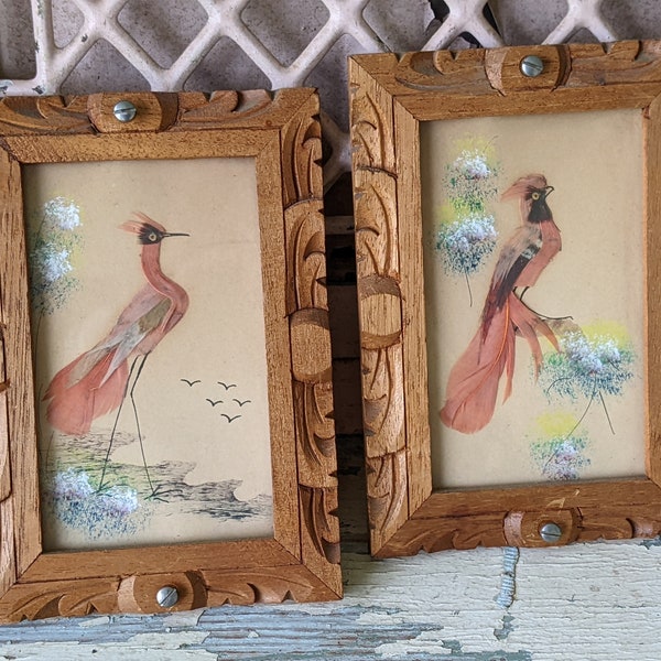 1940s One-Of-A-Kind Set of Mini Feathercraft Paintings w Hand Carved Cedar Picture Frame **Mexico / Spain