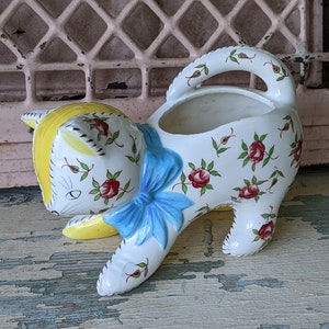 1950s Vintage Camille-Naudot Kitten Planter Stitched Patchwork Ceramic Floral Handle Japan
