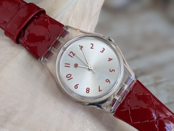 2003 Swatch strawberry Jam LK243 Slim Ladies Wrist Watch red Quilted Leather Etsy