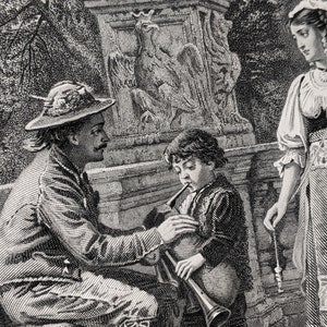 May include: A black and white engraving of a man in a hat teaching a young boy how to play a woodwind instrument. A woman in a traditional dress stands behind them.