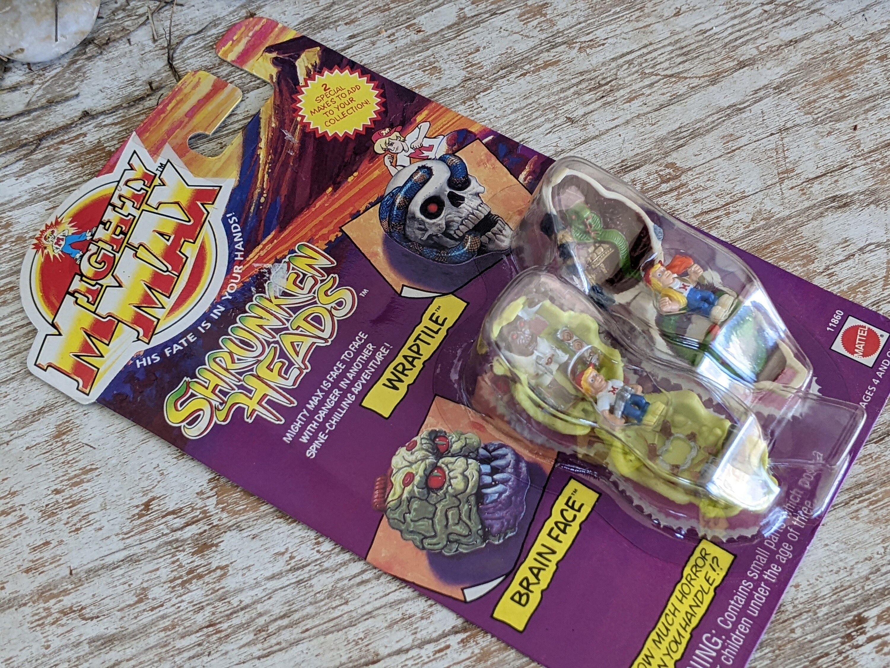 1993 Mighty Max Shrunken Heads Wraptile and Brain Face by