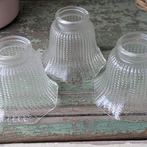 May include: Three clear glass bell-shaped lamp shades with a textured, dotted pattern. The shades have a flared bottom edge and a cylindrical top opening. They are arranged on a weathered, green-painted wooden surface.