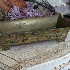 Vintage Brass Planter Greek Key Feet Brazed Copper Wire Chinoiserie w Cabochon Style Glass Beads China !! Unique Antique Gifts !!