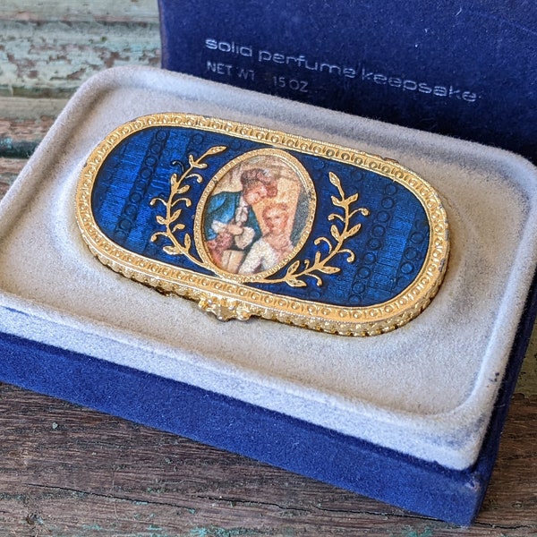 1970s Victorian Solid Perfume Keepsake By Estee Lauder ! Royal Blue Enamel Gold Compact Original Box ! Amazing Vintage Gifts & Collectibles