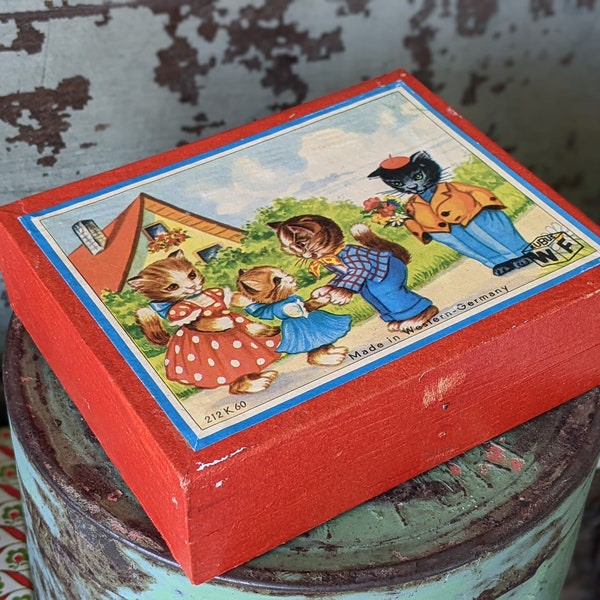 1950s WF Kubus Wooden Block Puzzle **Made In Western-Germany **Kittens Gone Wild