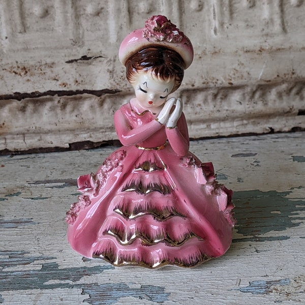 1950s Hopeful Darling in Ruffled Dark Pink Dress Gold Accents Made In Japan !! Adorable Vintage Gifts !!