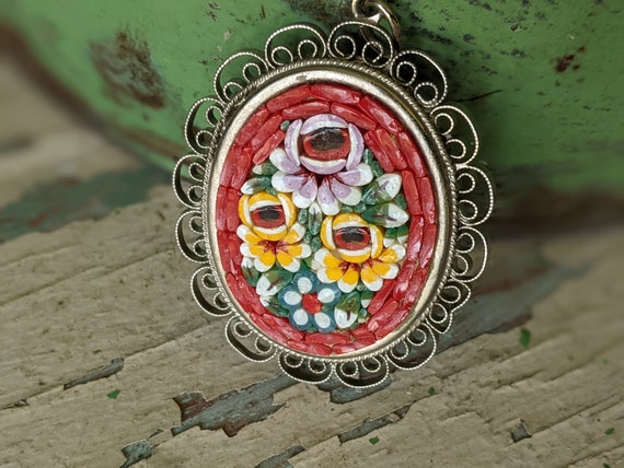 1960s Vintage Italian Micro Mosaic Pendant Flower… - image 7