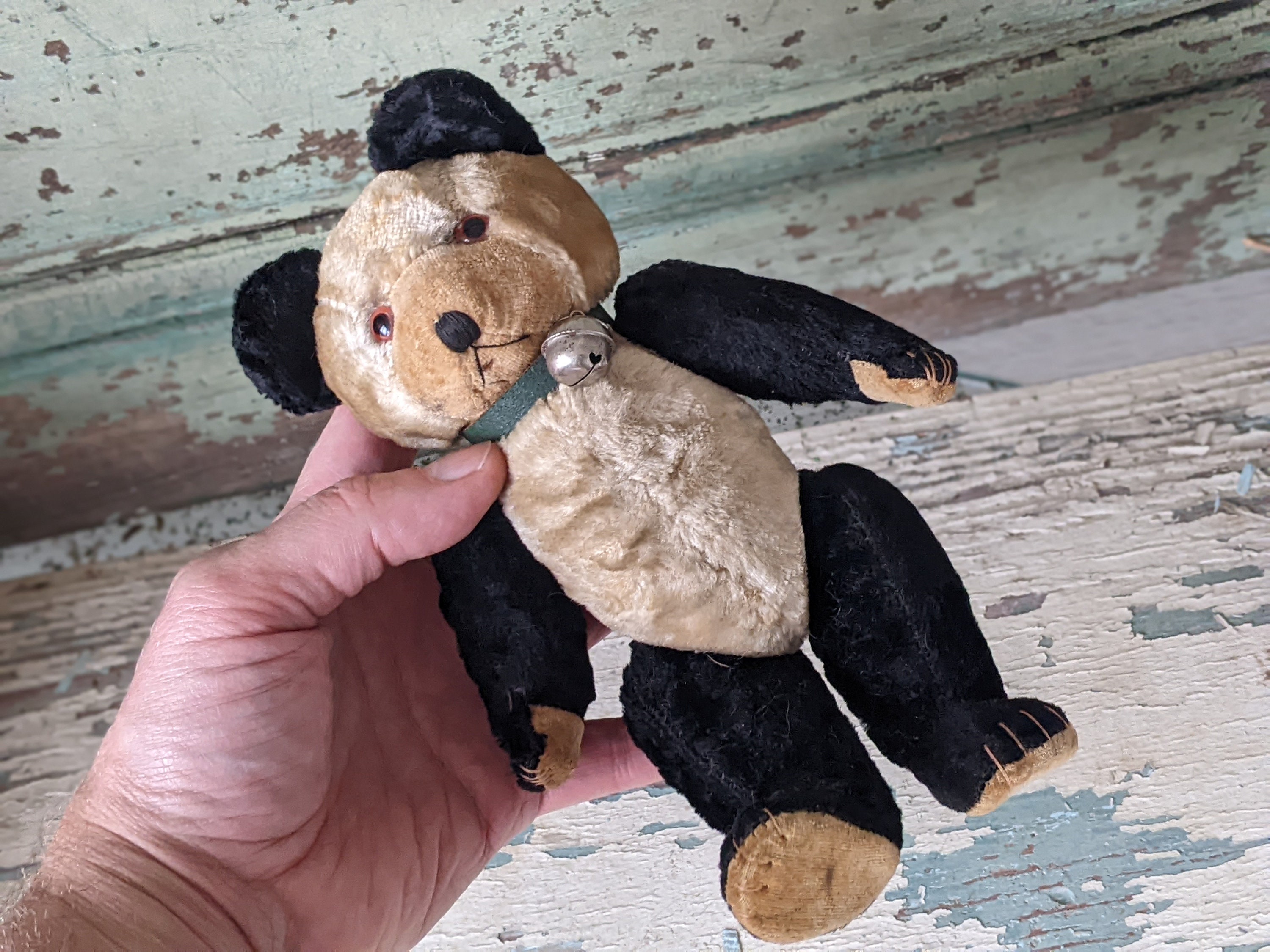 1930s Velvet Panda Bear: Jointed Straw Stuffed Antique Toy