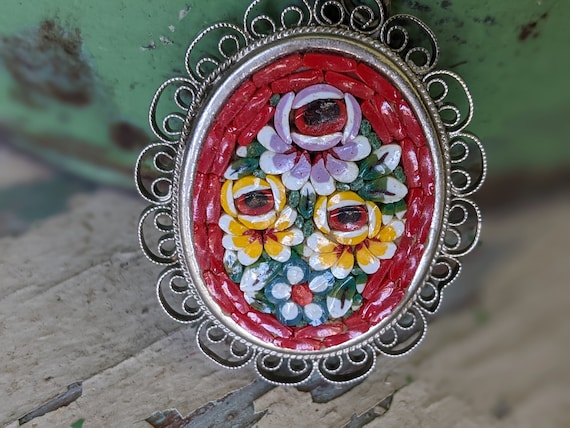 1960s Vintage Italian Micro Mosaic Pendant Flower… - image 2