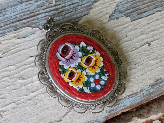 1960s Vintage Italian Micro Mosaic Pendant Flower… - image 1